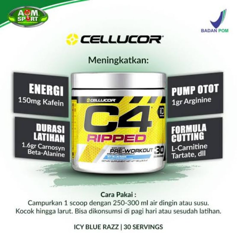 CELLUCOR C4 RIPPED 30 SERVING BPOM PREWORKOUT PRE WORKOUT PWO + FAT BURN BURNER FORMULA