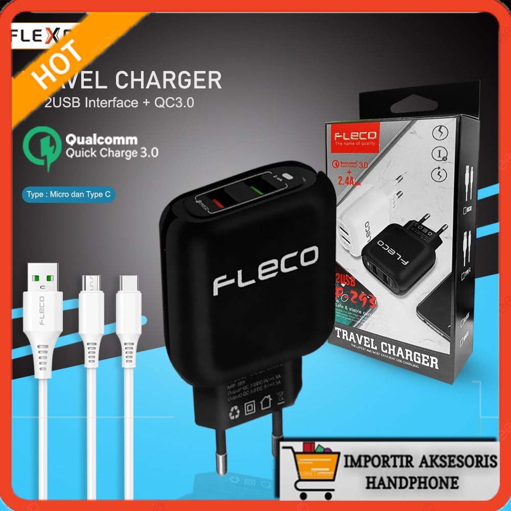 Charger FLECO F-293 Dual Port Output Usb Cas High Speed Fast Charging QC 3.0A Kabel Micro Type c