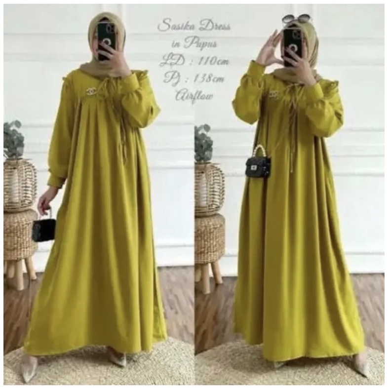 Sasika Dress Jumbo Ld120cm Muat BB90kg/ Gamis Jumbo Tali Rempel / Gamis Simple Premium Crincle