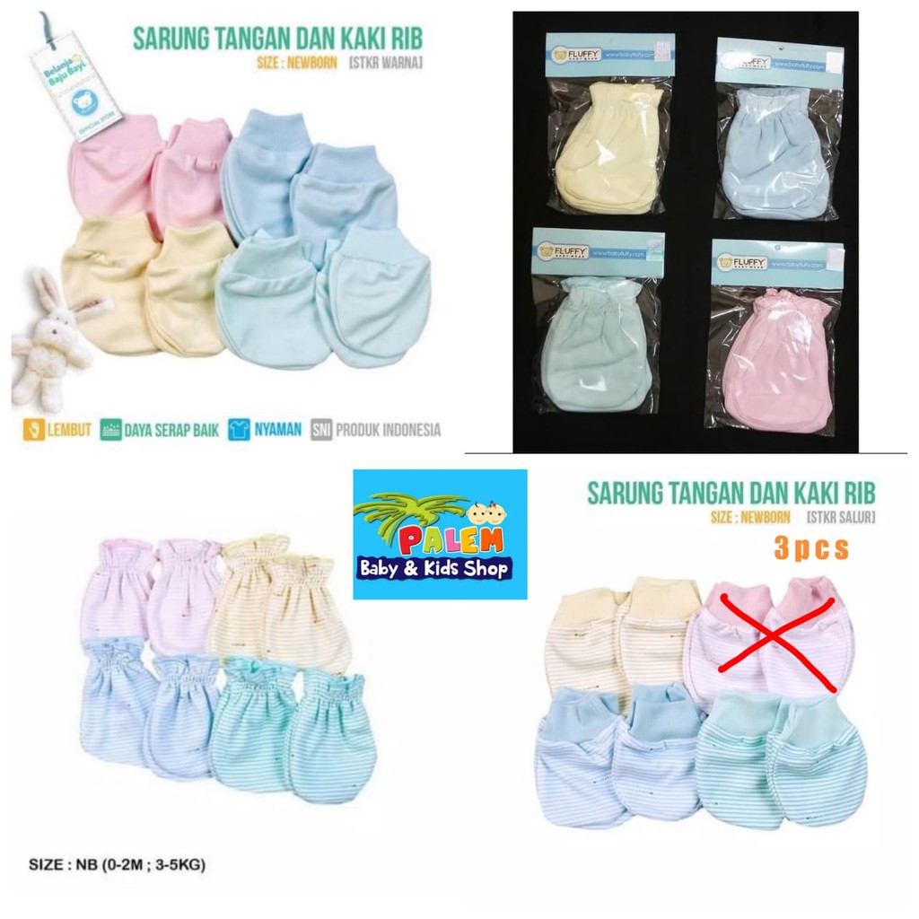 Fluffy Sarung Tangan Dan Kaki Rib&amp;karet Salur Newborn isi 3pcs dan 4pcs