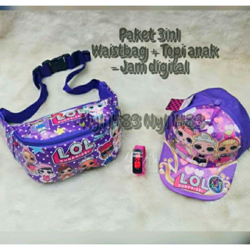 Tas SLempang 3in1 paket hemat waistbag anak perempuan gratis jam digital