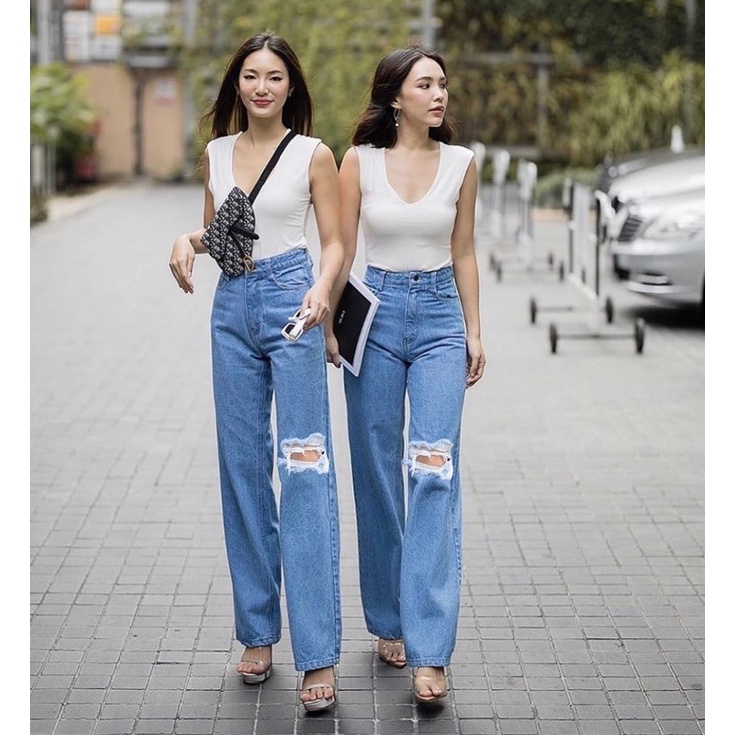 CELANA PANJANG KULOT JEANS HIGHWAIST SOBEK LONG BF ISHIKA LOOSE JEANS