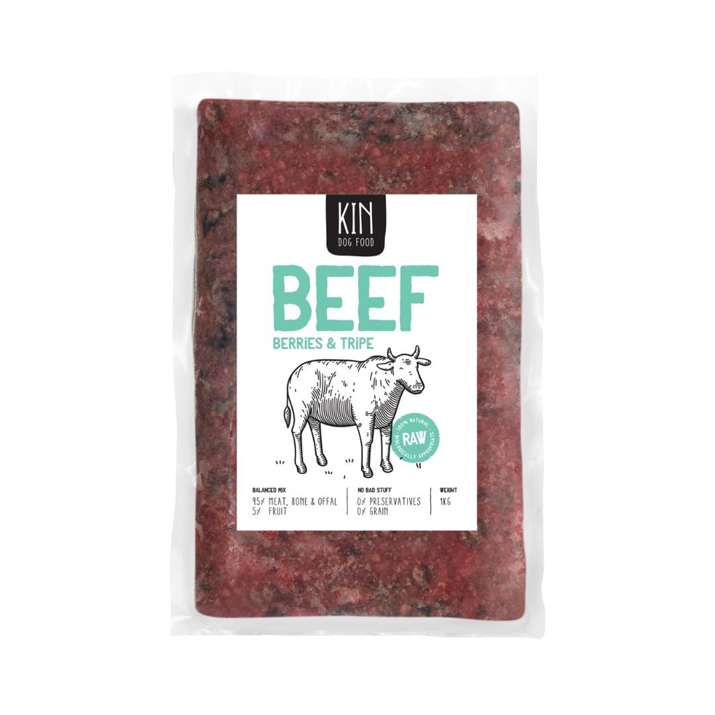 

KIN DOGFOOD Makanan Anjing Raw Beef Berries and Tripe 1kg