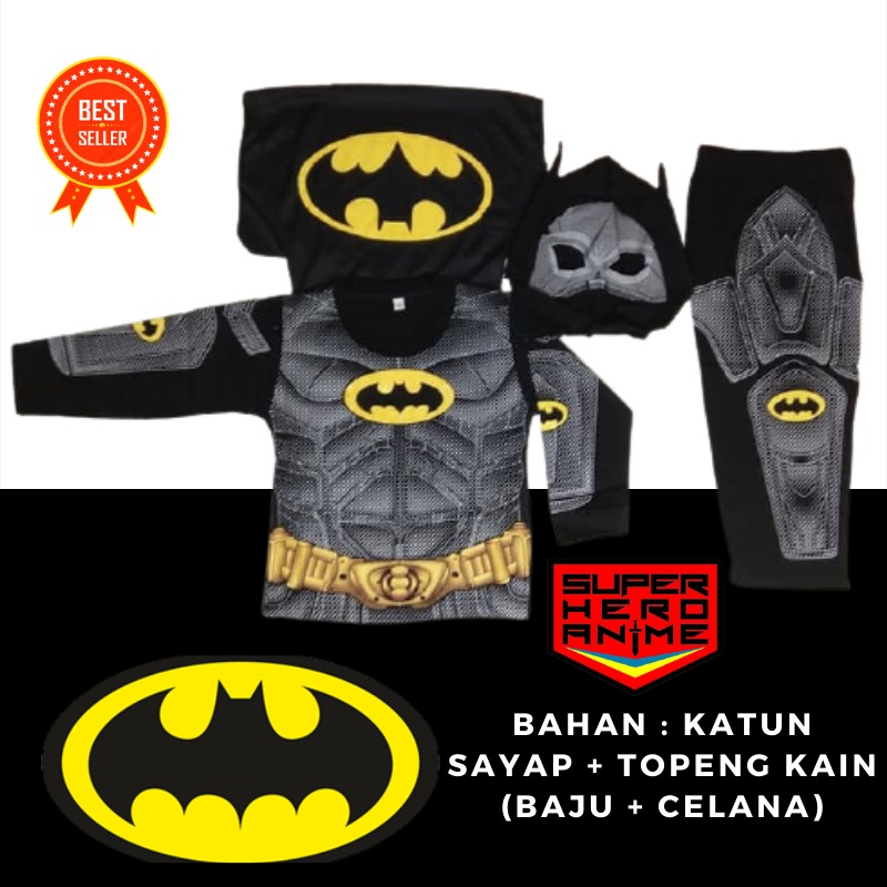 Kostum Anak Laki-Laki Batman Hitam IV Baju Setelan Panjang Cowok Topeng Sayap Katun