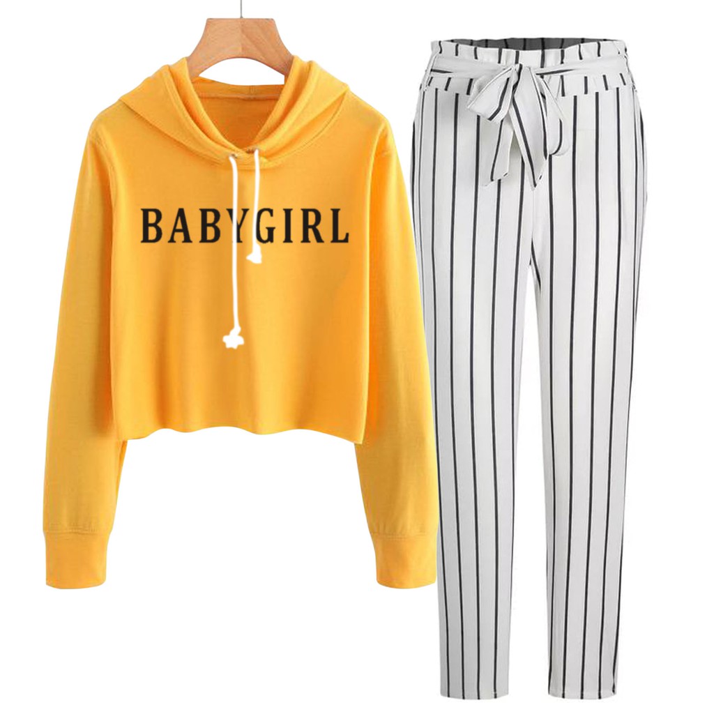 BESS - Baju Setelan Wanita Murah / Setelan Hoodie Crop + Celana Salur Putih - BABYGIRL