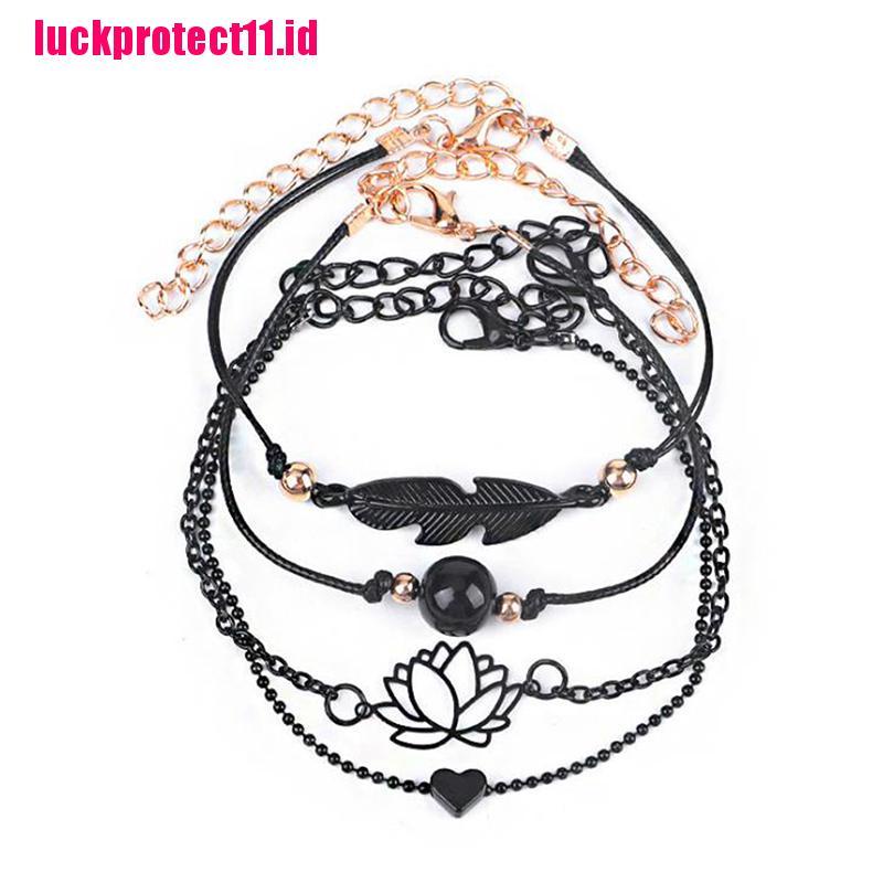 (LUCK) 4pcs / set Gelang Tangan Rantai Aksen Bulu / Lotus Warna Hitam Gaya Boho Untuk Wanita