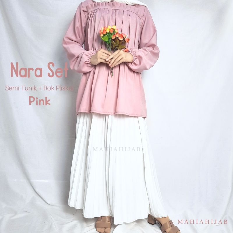 Nara Set Semi tunik + Rok plisket hijab outfit paket ootd, SETELAN LENGKAP