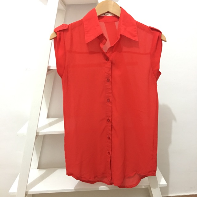 Blouse sleeveless top atasan chiffon sifon krah red bangkok merah