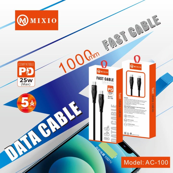 MIXIO AC100 KABEL DATA TYPE C TO TYPE C FAST CHARGING 25W 5A - 1meter