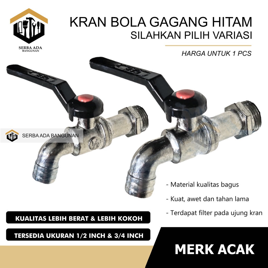 [COD] Kran Tembok Bola Gagang Hitam 1/2&quot; 3/4&quot; / Keran Air Taman