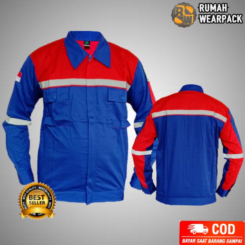 Baju Kerja/ Wearpack Proyek/ Seragam Kerja Atasan Biru Benhur Merah