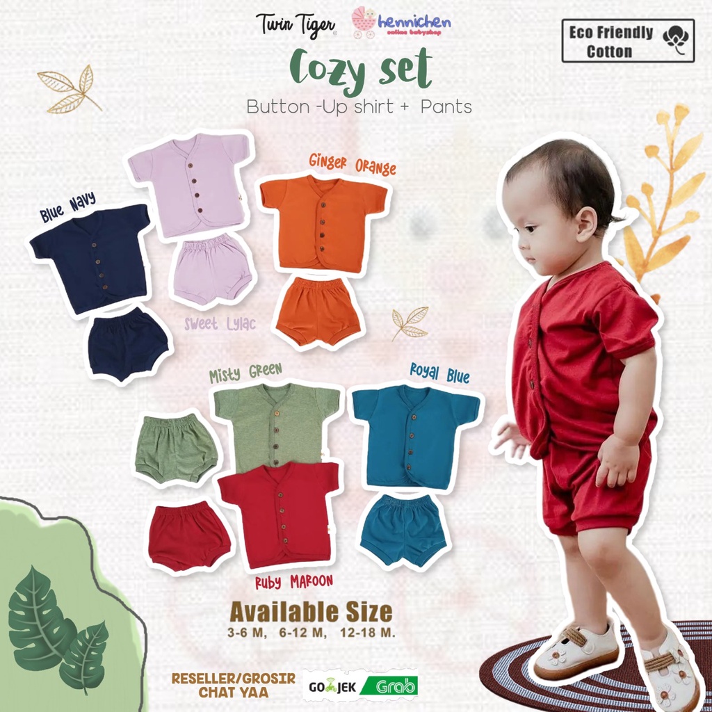 BEST SELLER TWIN TIGER COZY SET BUTTON UP SHIRT PLUS PANTS SETELAN BAJU BAYI BAJU ANAK 3-18 BULAN COMFY EARTH SERIES