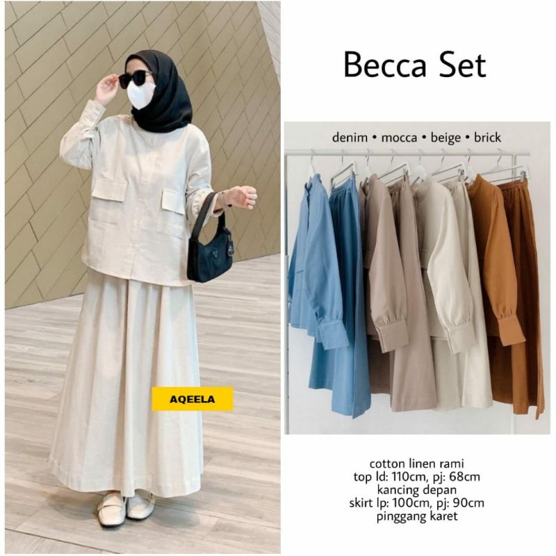 Putih Broken white Becca Setelan Rok + Tunik One Set Blouse Kemeja Polos Katun Linen Jumbo Ld 110 M-