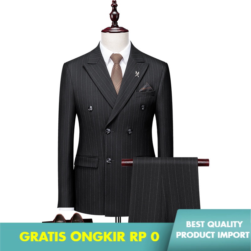 Jas Pria Setelan Jas Pria Kasual Setelan Jas   Kerah    Korea Bergaris-garis  Hitam Slim Fit Suit Im