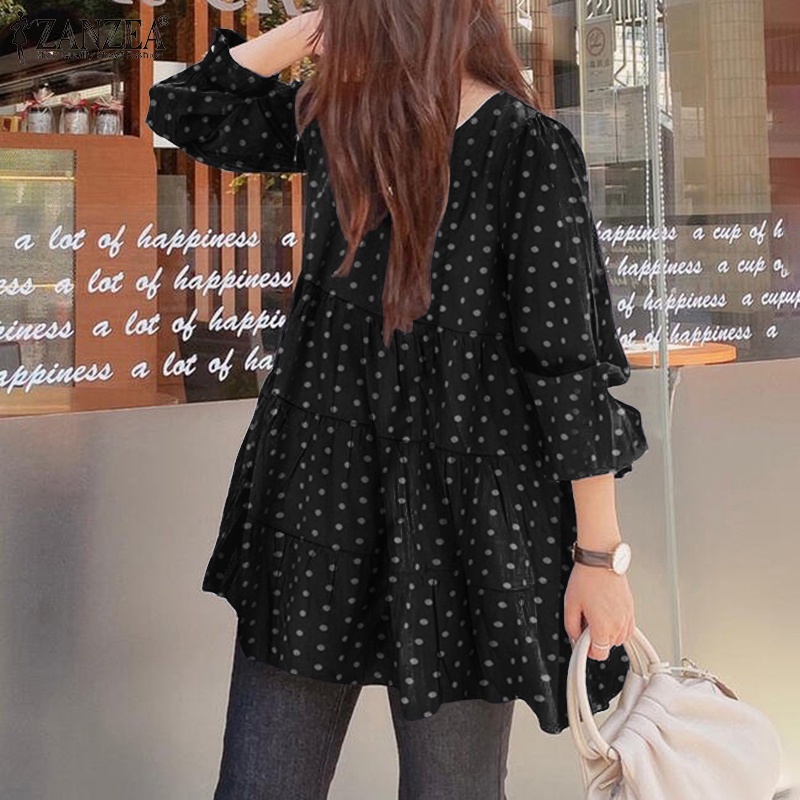 ZANZEA Women Long Sleeve Polka Dot Printing Casual Round Neck Blouse