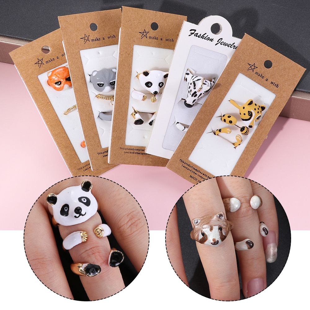 Set Cincin Enamel Desain Hewan Panda Kucing Dengan Ekor Untuk Pria Dan Wanita