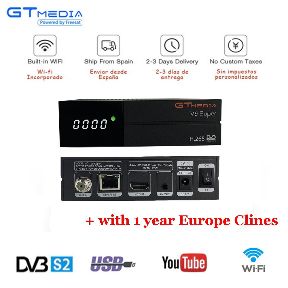 Gratis ongkir Satellite Receiver 1 YEAR CCCAM Gtmedia V9 Super Power by free sat DVB-S2 Built-in