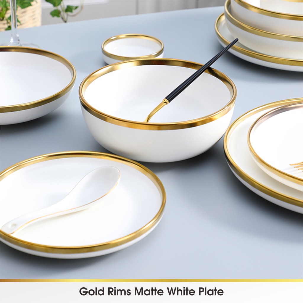 [SATUAN] WHITE - Piring Mangkok Makan Keramik Pinggiran Emas Cantik Ceramic Mewah Western Steak Gold Rim Plate