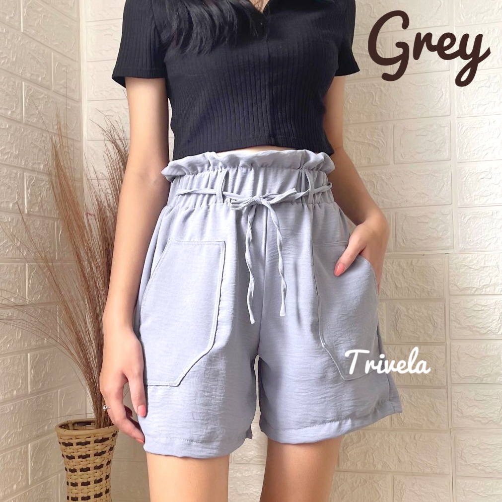 TRIVELA - Celana Pendek Crinkle Wanita 8801 / Hotpants Cringkle Kantong Tempel / Celana Pendek Pinggang Karet / Melyn / SJJ