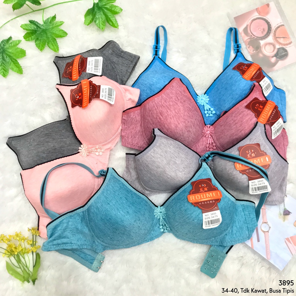 RVC - Bra JUMBO 34-44 Busa Tipis Tanpa Kawat Kait 3 Roumei BH Katun Polos Underwear Dewasa Pakaian D