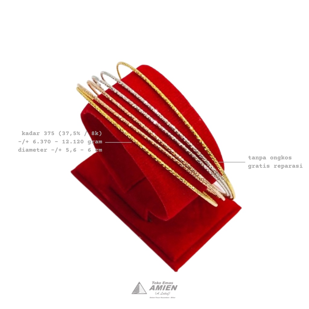 Toko Emas Amien Gelang Emas Asli UBS Kadar 375 (37,5% / 8K) - Bangle Bangkok Keroncong 6 Set 3 Warna