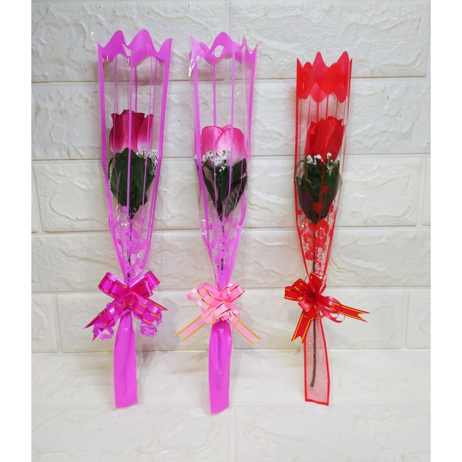 Bunga Mawar Satin Single Rose Plastik IMITASI Warna Valentine Bunga Murah Termurah Bunga Wisuda Bingkisan