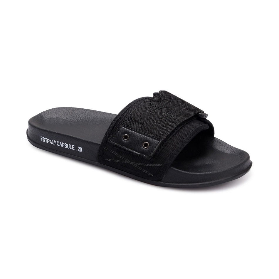 CAPSULE 0.1 ORIGINAL x FOOTSTEP Sandal Casual Full Hitam Pria Sendal Slide Jalan Santai Harian Slippers Hangout Main Kondangan Lebaran Slop Karet Premium Slip On Remaja Dewasa Flip Flop Kerja Formal Sport Fashion Footwear Keren Terbaru Kekinian Branded