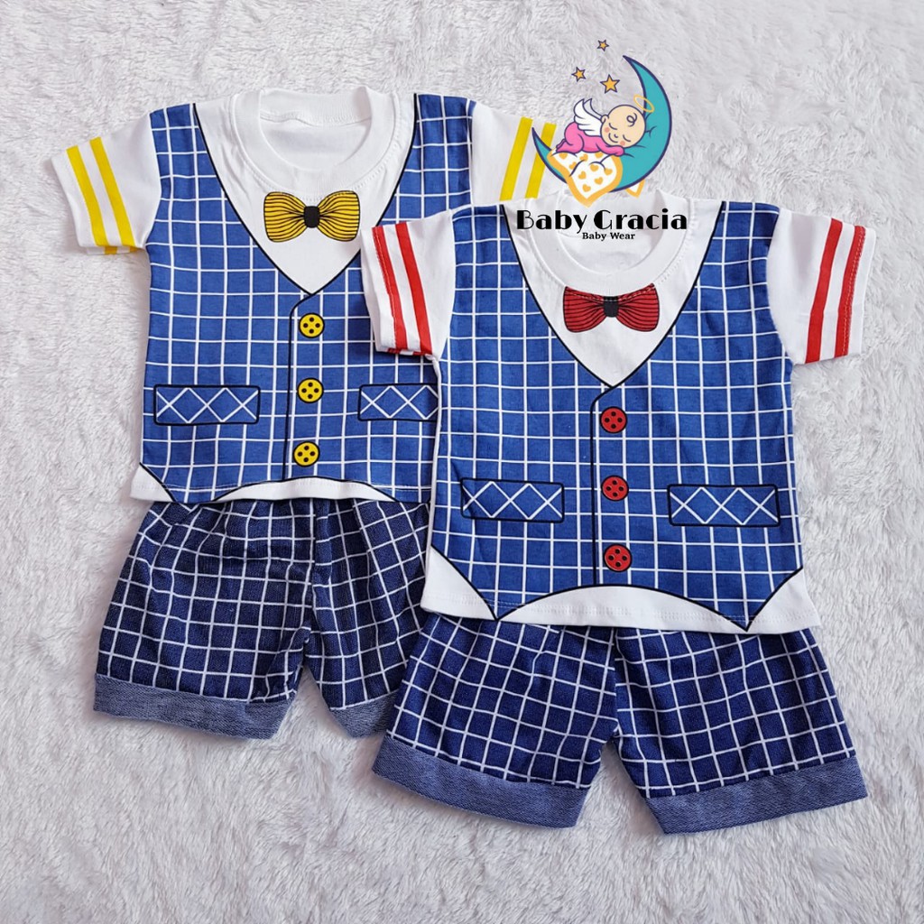 Setelan baju anak laki laki motif rompi lucu