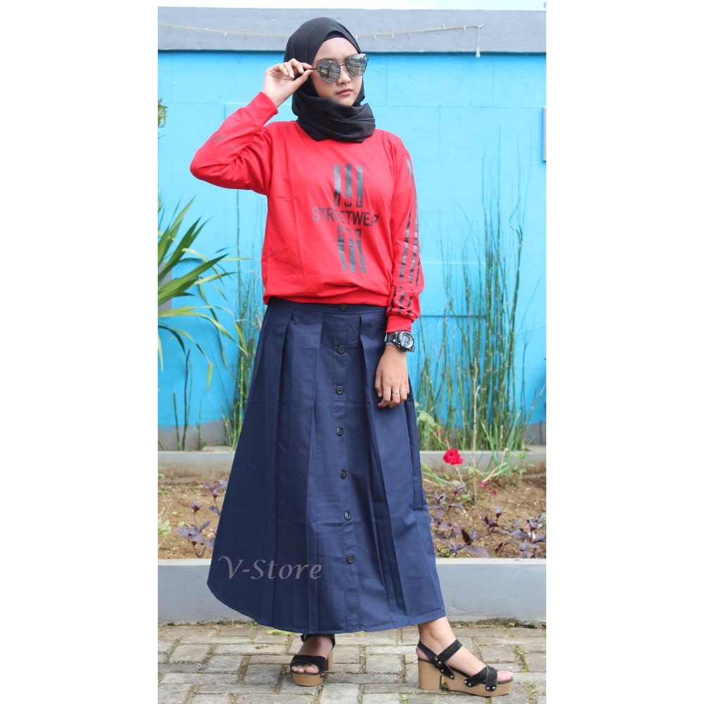 Rok Rempel Depan Rok Panjang Wanita Rok Katun / Rok Panjang Kancing Rok Modis Warna Navy