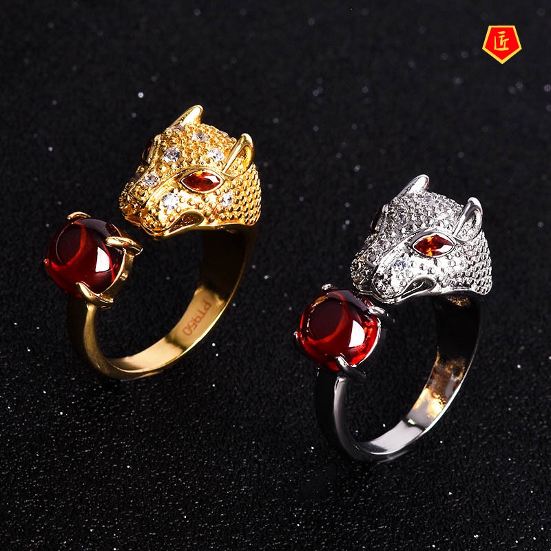 [Ready Stock]Domineering Leopard Head Ring Inlaid with Natural Garnet