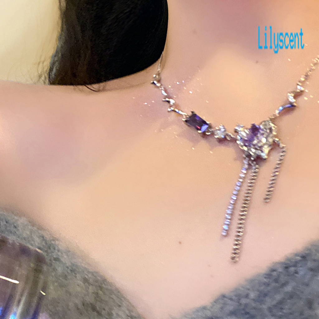 Lily Kalung Rantai Alloy Adjustable Hias Zirkon Ungu Untuk Wanita