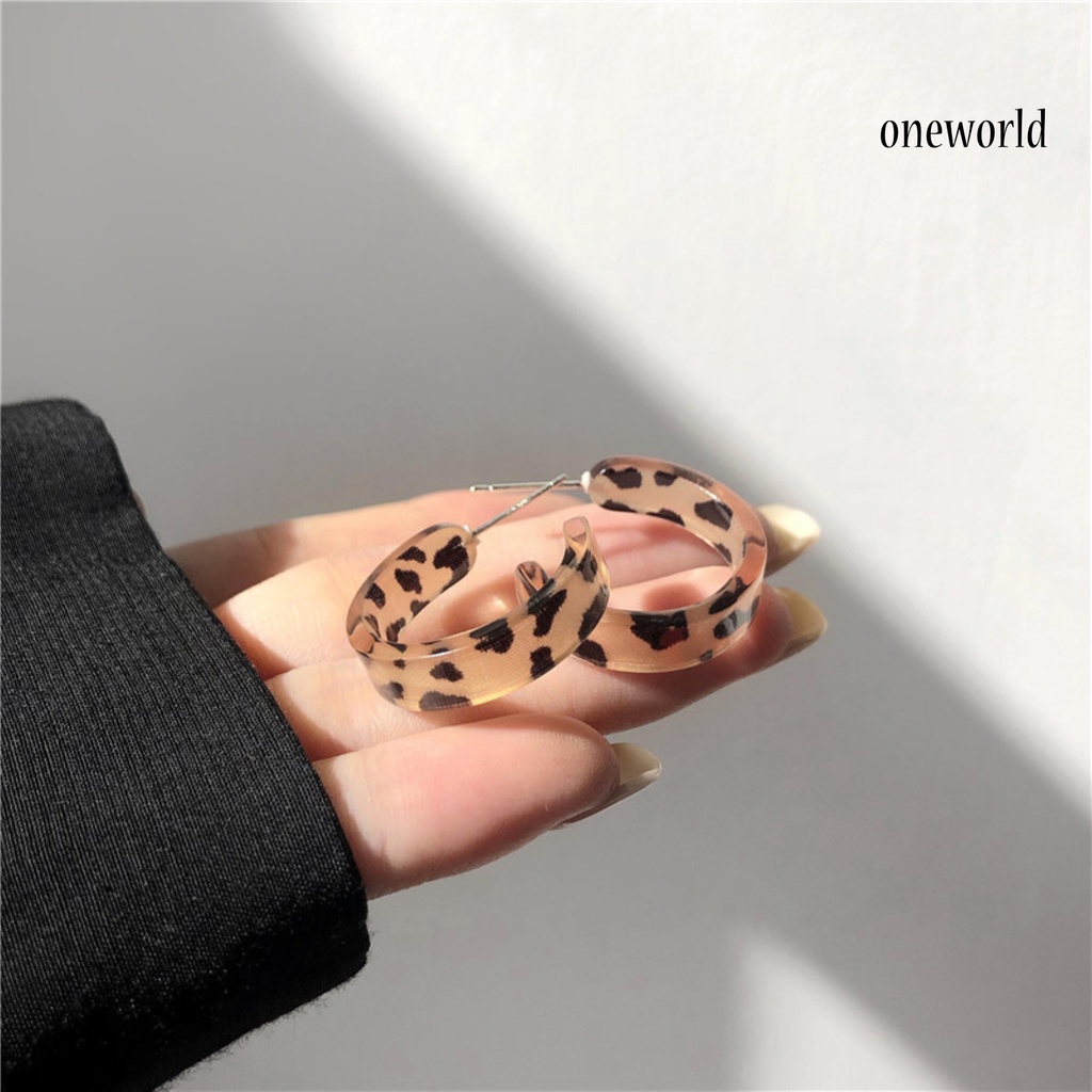 OW# Women Simple Geometric Leopard Print Long Drop Circle Resin Ear Stud Earring