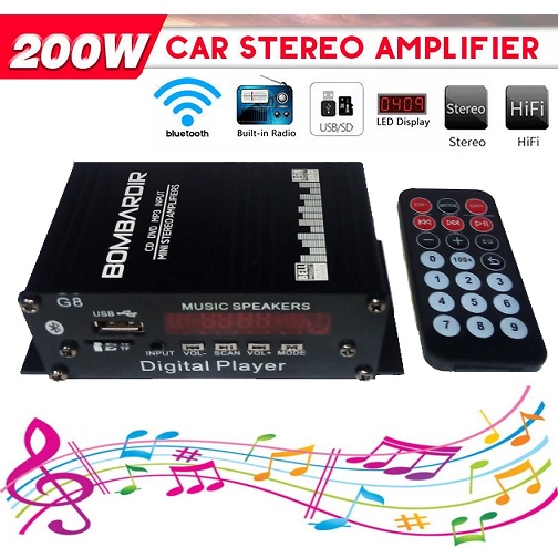 Kit Digital Mp3 Player Power Amplifier MIni G8 &quot; BOMBARDIR &quot; 200W HIFI Car Audio Stereo 2 Channel USB Mp3 Bluetooth SD FM 12V Speaker Subwoofer + Remote