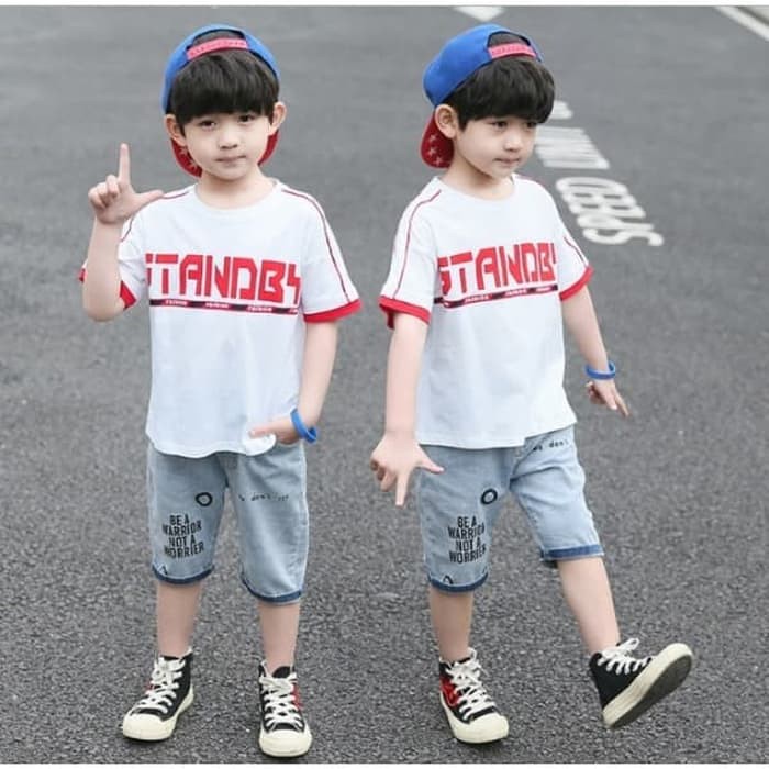 Baju Setelan Anak Laki Cowok Import Kaos Putih Celana Jeans Selutut