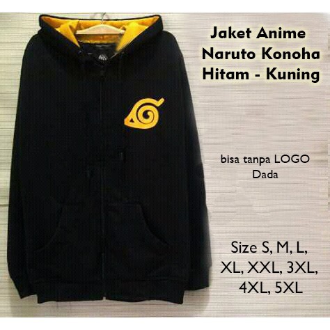 Jaket Pria Anime Naruto Konoha Hitam - Kuning Size S M L XL XXL 3XL 4XL 5XL Fleece Premium