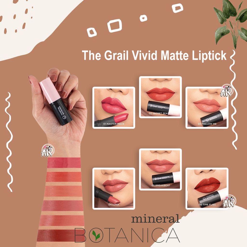 MINERAL BOTANICA Hydra Cheek Tint, Lip Glaze, Sugar Lip Serum, Lip Scrub, Lip Stick The Grail Vivid Matte