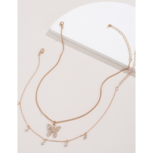 LRC Kalung Wanita Fashion Golden Micro Diamond Butterfly Alloy Multilayer Necklace P03662