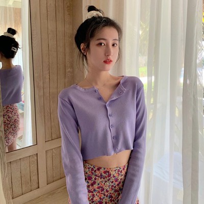 [Diskon Spesial]kardigan Rajut Korea Style crop top cardigan wanita belah ketupat print knit-5203purple