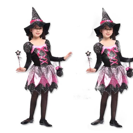 KOSTUM WITCH BLACK PINK NENEK SIHIR SET DENGAN TOPI TONGKAT MAGIC TAS HALLOWEEN COSPLAY