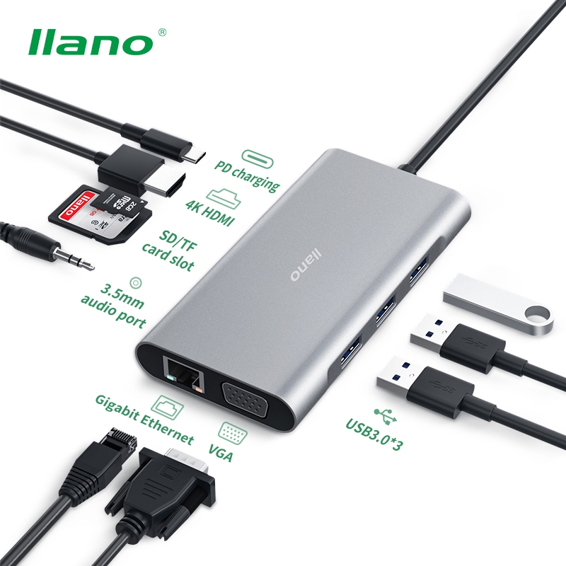 

llano USB Hub Type C HUB 10 Port to HDMI/PD/VGA/Audio Port/SD/TF/USB 3.0 Adapter