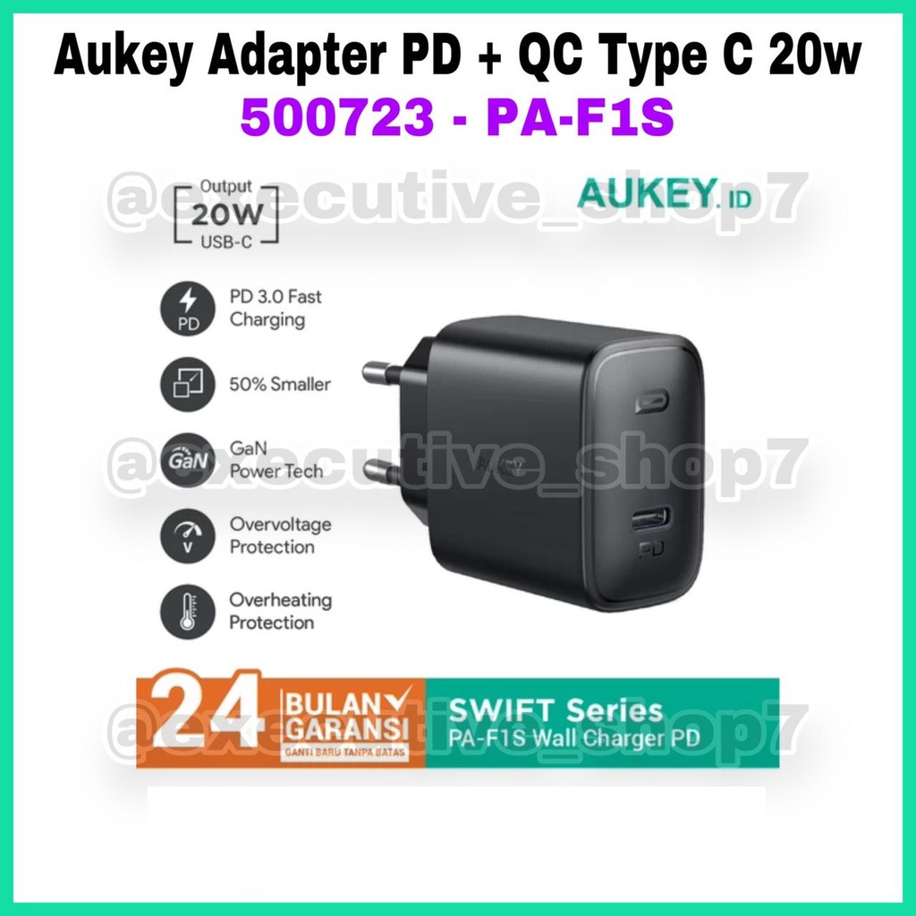 Aukey Adapter Charger Power Delivery Type C 20w PA-F1S - SKU : 500723 / 501242 / 501259 / 501418