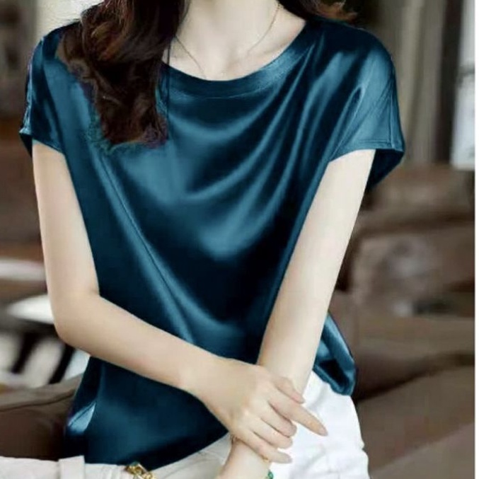 3930 Baju Atasan blouse blus blose kemeja lengan pendek polos bahan lembut jatuh satin import impor 