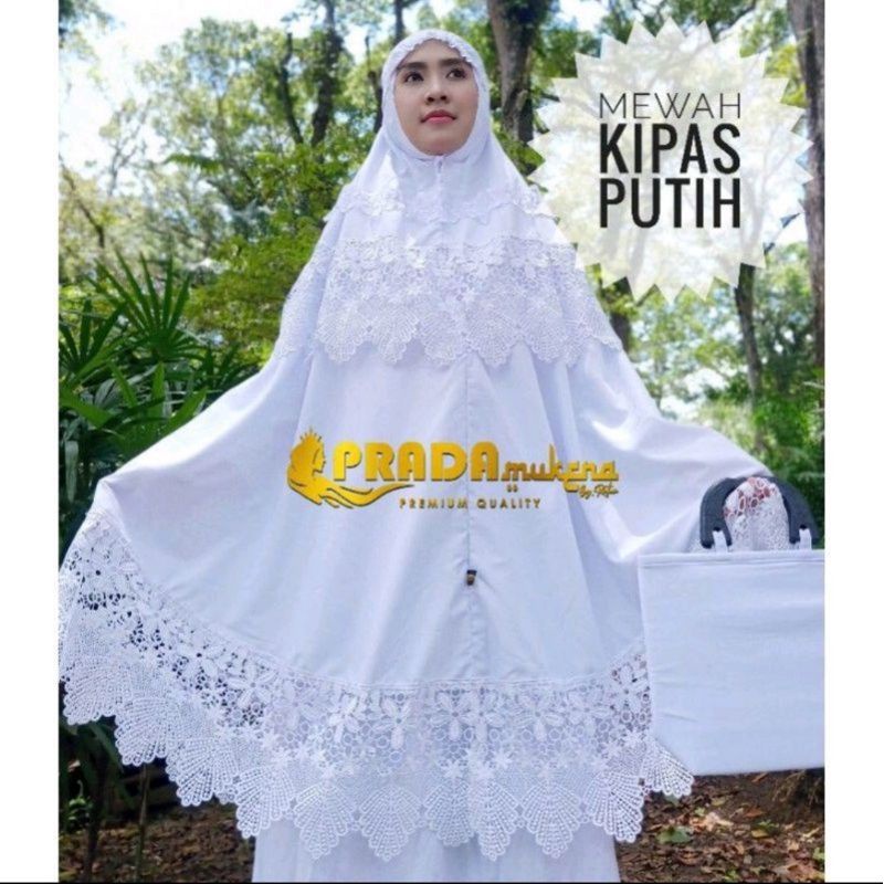 Mukena prada bordir tasik full putih renda dada mewah jumbo Mantapp
