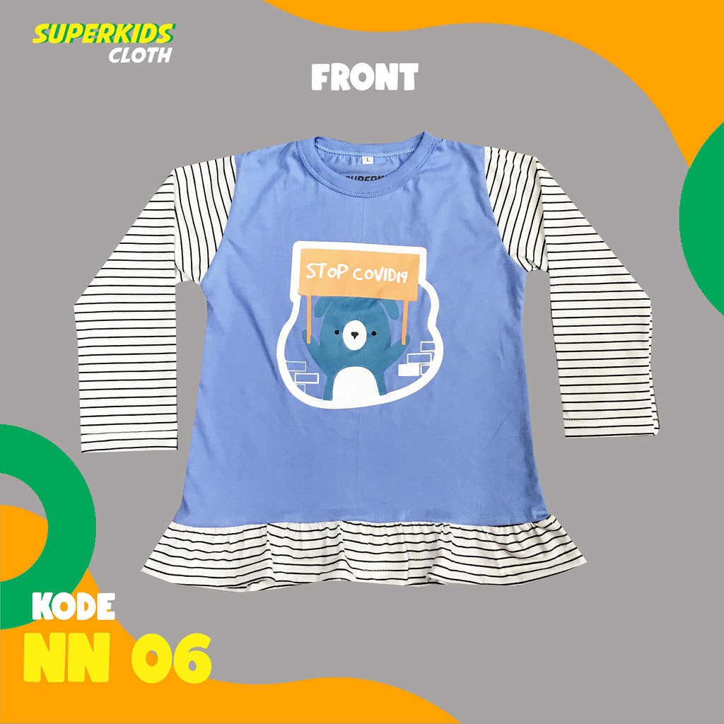 BAJU ANAK PEREMPUAN / KAOS ANAK PEREMPUAN / PAKAIAN ANAK CEWEK KAOS ANAK CEWEK LENGAN PANJANG STRIPE STOP COVID (NEW NORMAL EDITION) SUPERKIDS CLOTH 1 - 11 TAHUN