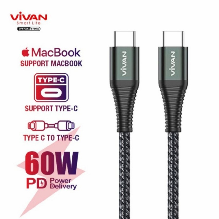 GARANSI 1 TAHUN KABEL DATA TYPE C TO TYPE C VIVAN KPD100S 60W &amp; VIVAN EXPLORE-CC QUICK CHARGE