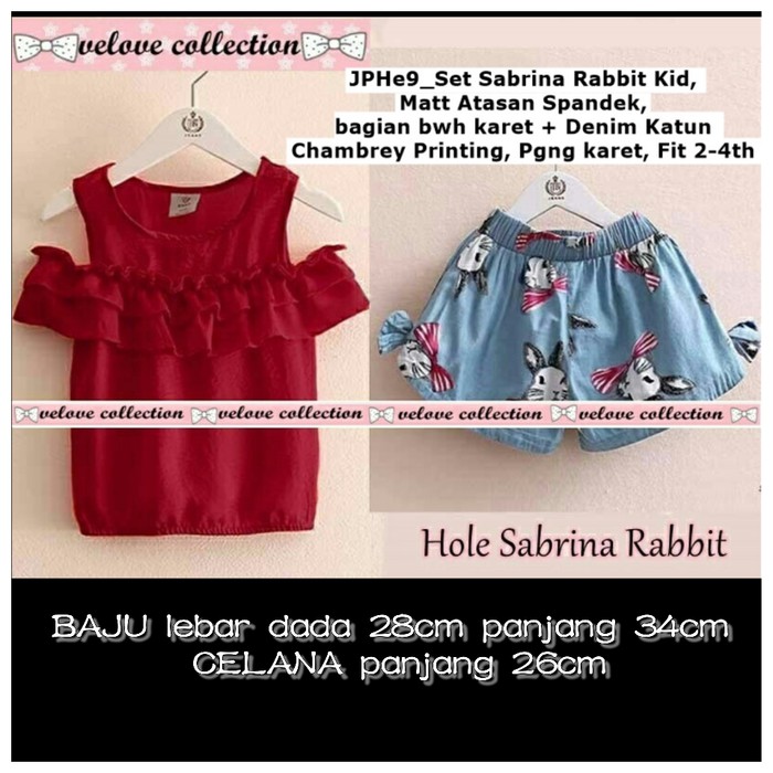 LOKAL setelan baju merah celana pendek denim kelinci anak balita cewek