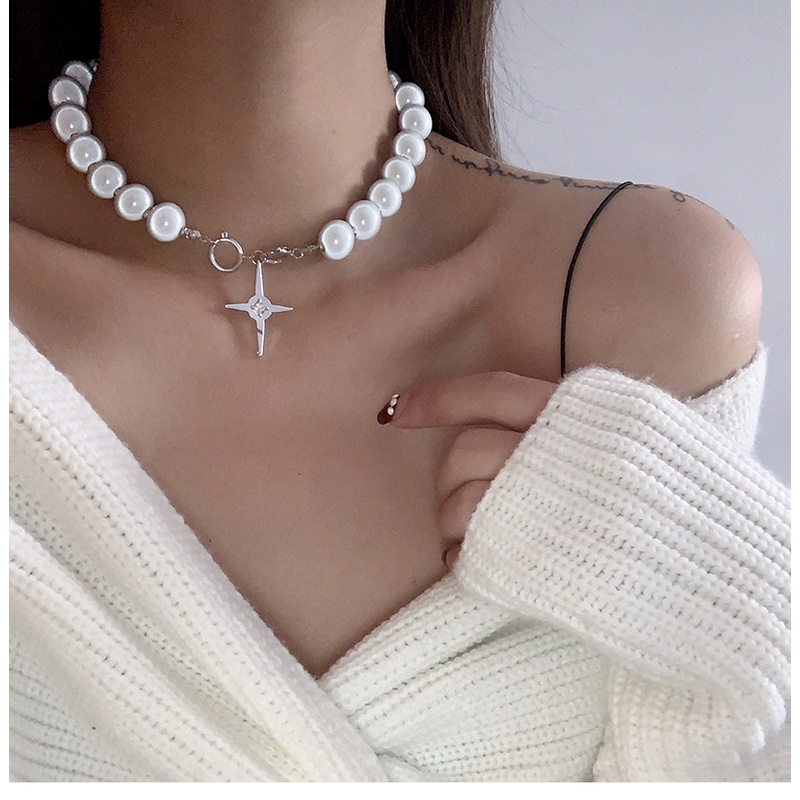 Reflective Beaded Cross Necklace Accessories Trendy Simple Chain