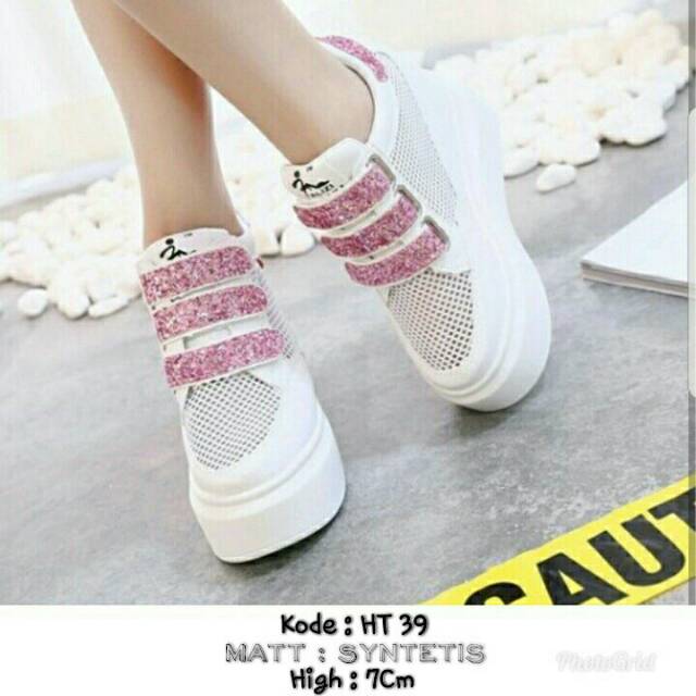 HT 39 SNEAKER KOREA 3 STRAPS PINK BIRU SILVER TINGGI 7 CM SNEAKER IMPORT HANDMADE HIDDEN WEDGES