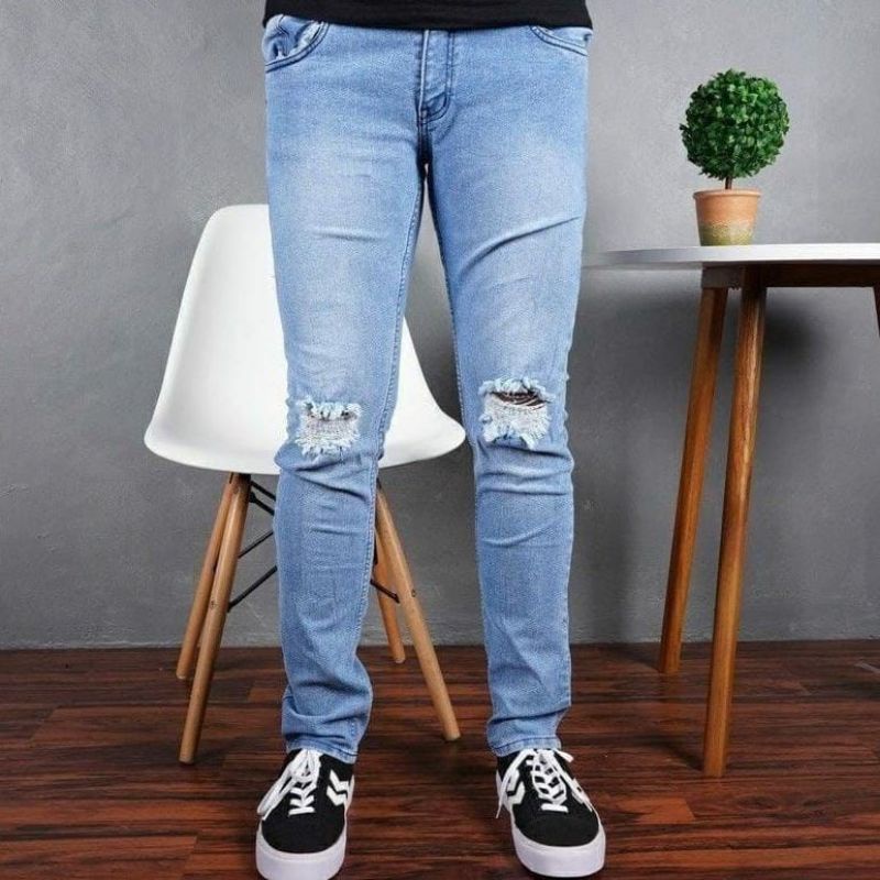 CELANA JEANS SOBEK LUTUT PRIA RIPPED JEANS  SOFTJEANS SKINNY