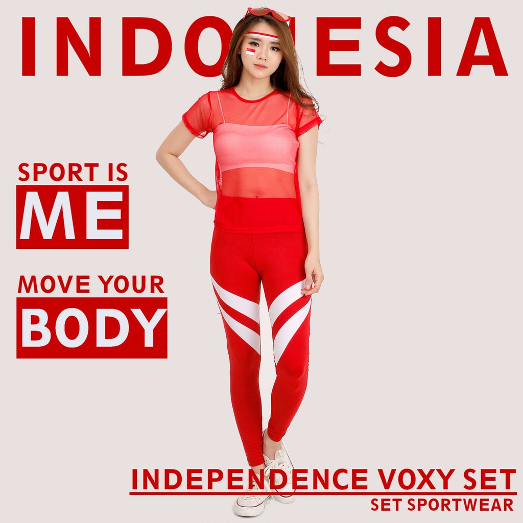 BAJU SETELAN SENAM TILE MERAH PUTIH VOXLOOVSET BAJU ZUMBA AEROBIK FITNESS
